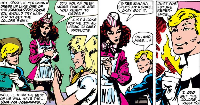 The Fantastic Four's First Costume Change Is Still a Hit 43 Years Later 2 Fantastic Four #257, Johnny Storm shows off his powers after a waitresst thinks they're cosplayers