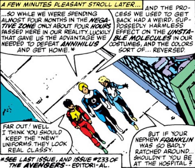 Fantastic Four #257, Johnny Storm explain how the Four's costumes changed