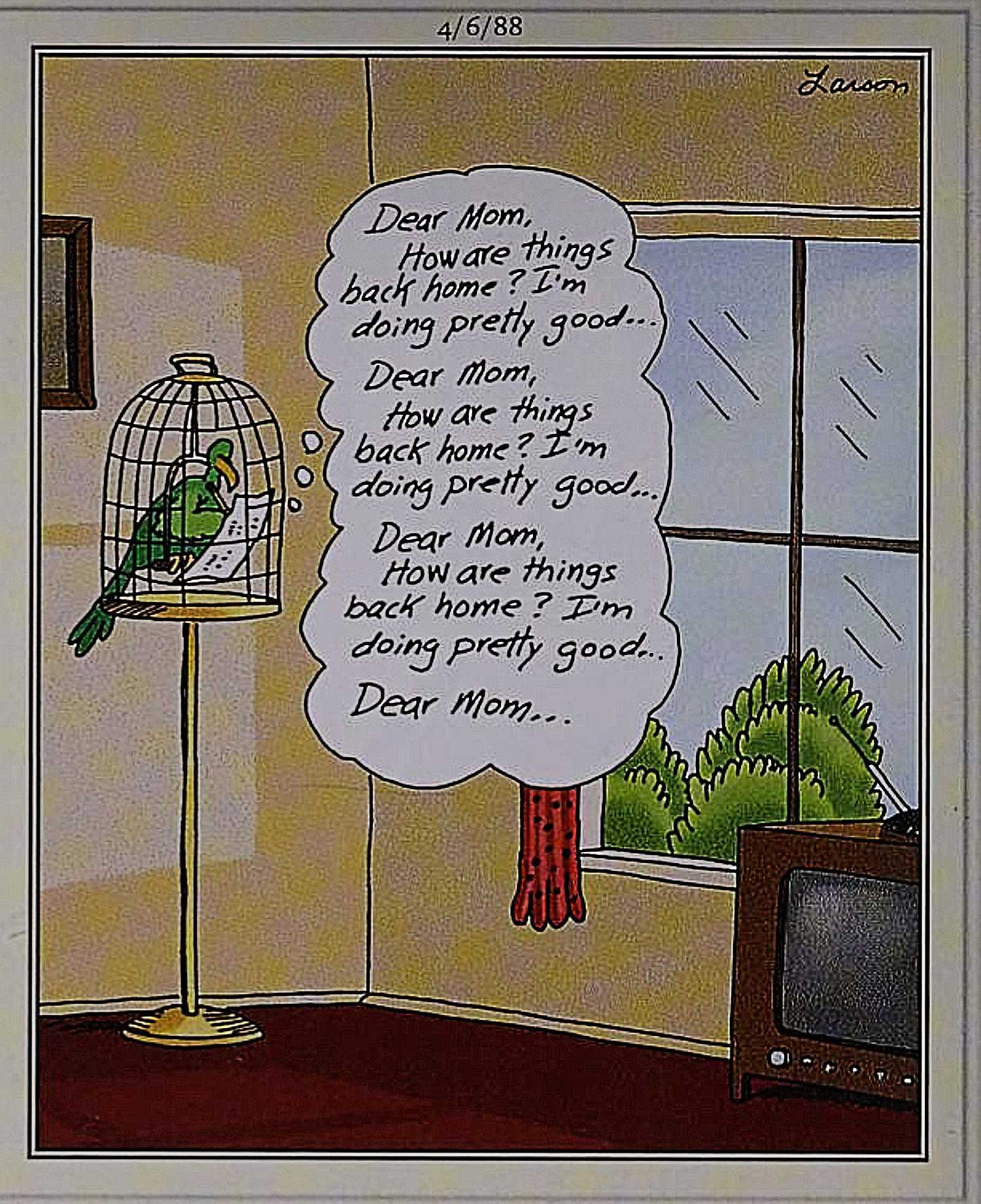 Far Side, April 6, 1988, a parrot writes a letter to its owner