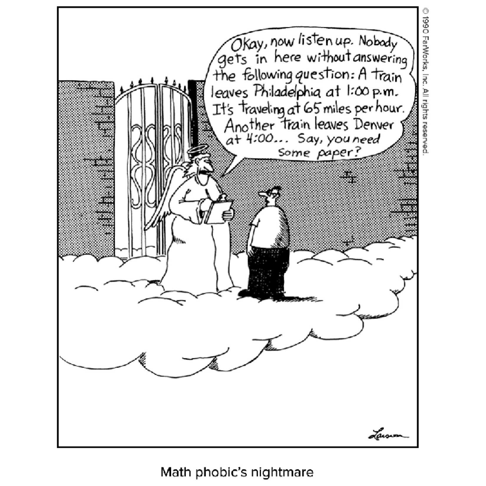 far side comic where mathphobic tries to get into heaven