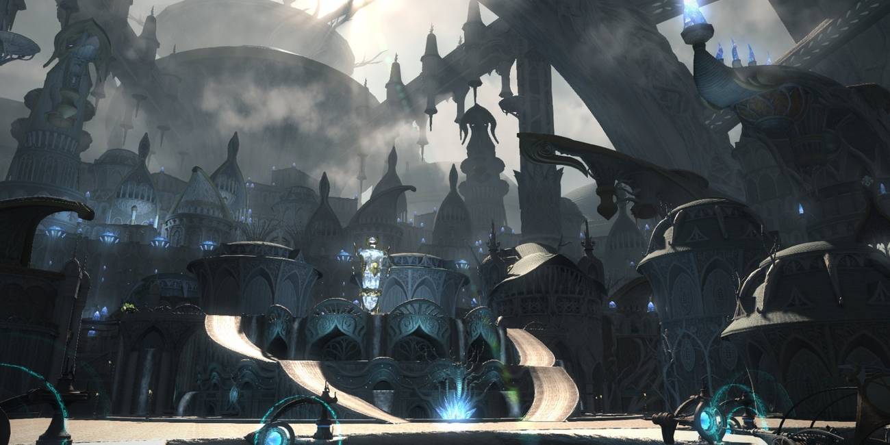 A new map area in Final Fantasy 14 depicts a large city with highly detailed architectural design.