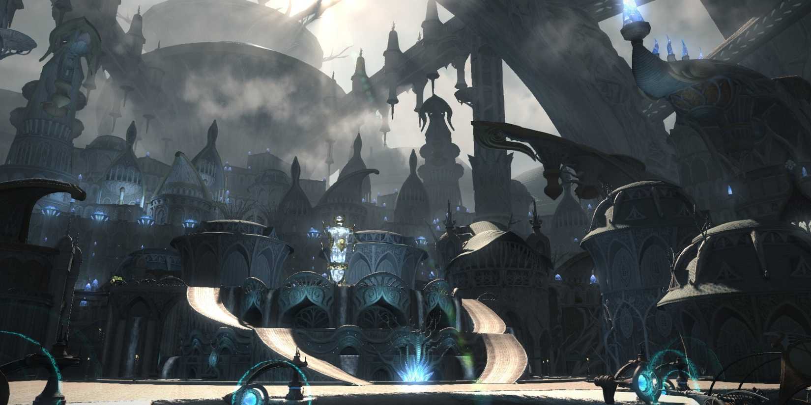 A new map area in Final Fantasy 14 depicts a large city with highly detailed architectural design.