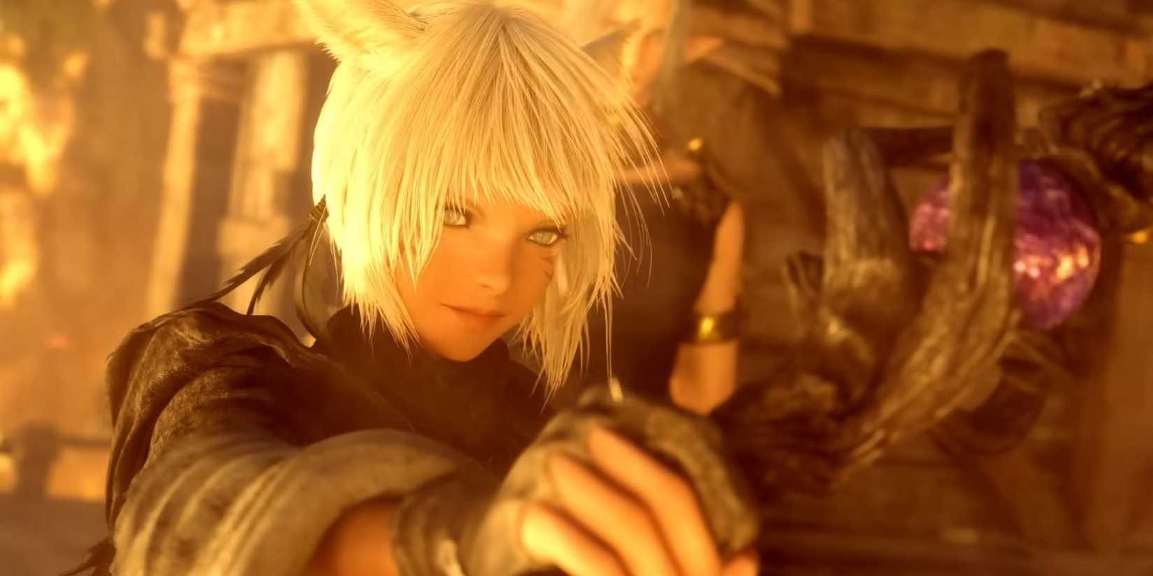 Y'shtola holds a staff as flames burn behind her in Final Fantasy 14.