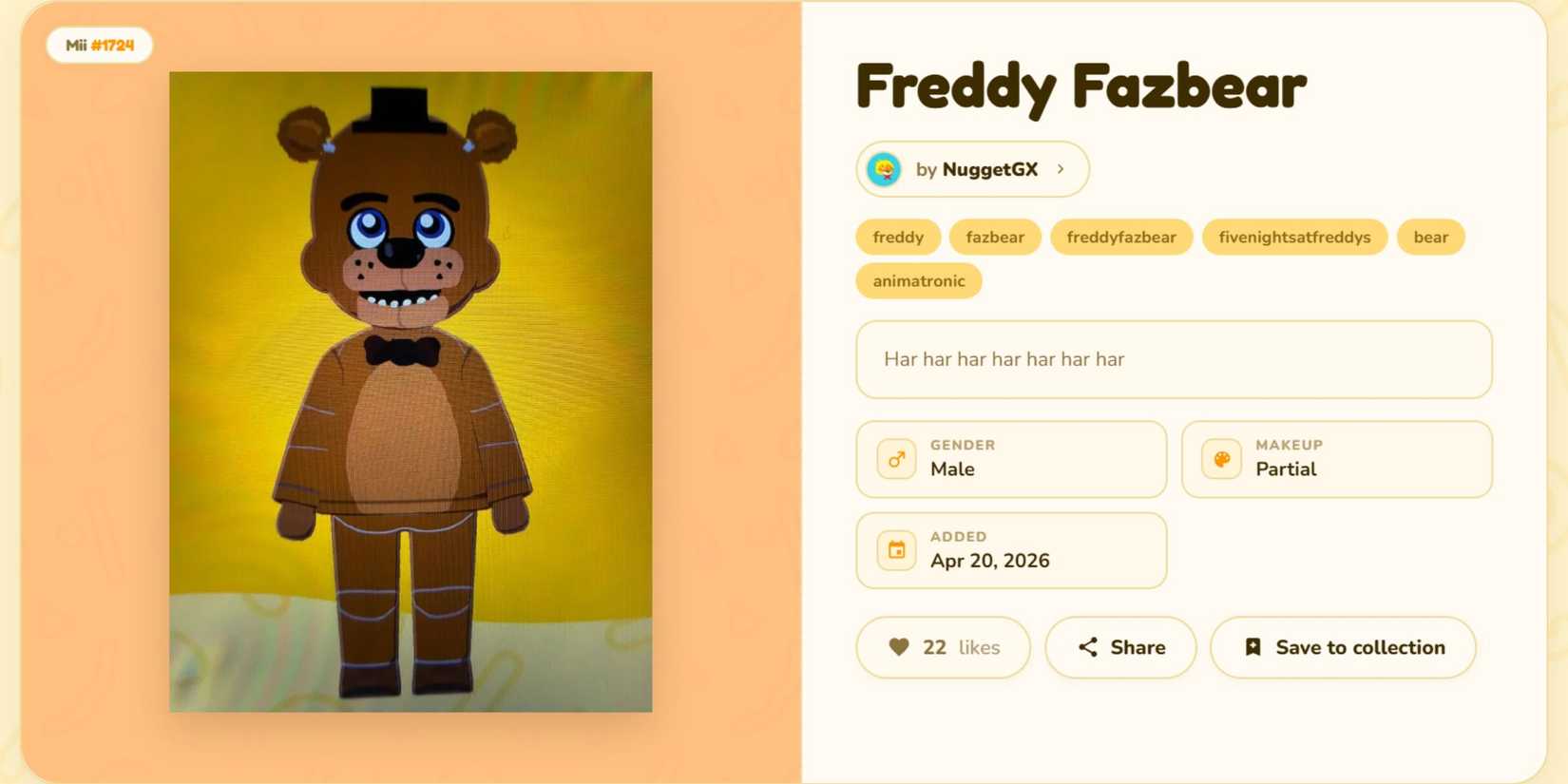 Freddy Fazbear Mii in Tomodachi Life Living the Dream designed by NuggetGX