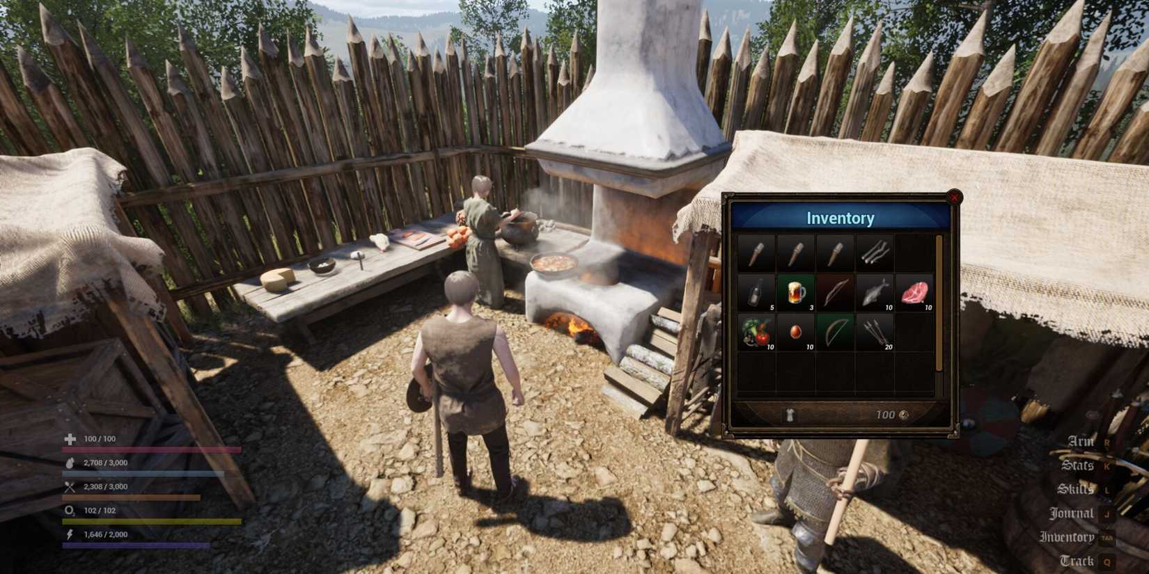 Game Bread and Blood with character opening his inventory near a cooking stove