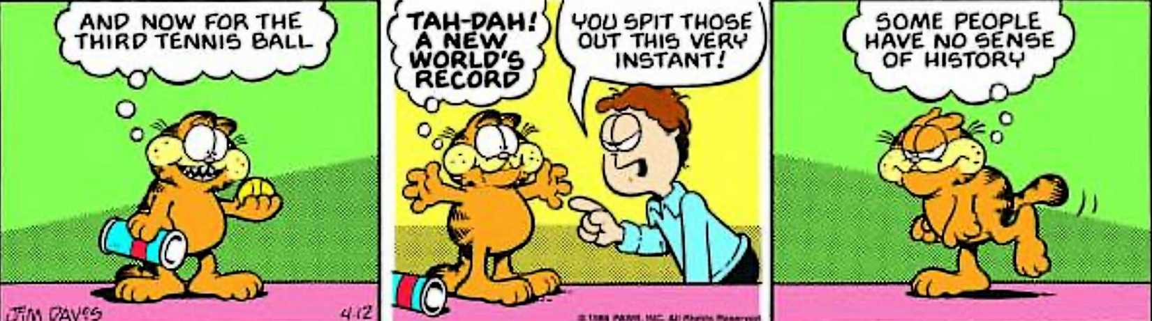 Garfield April 12, 1986, Jon scolds Garfield for sticking tennis balls in his mouth