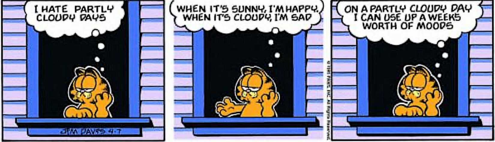 Garfield, April 7, 1986, Garfield explains his dislike of partly cloudy days