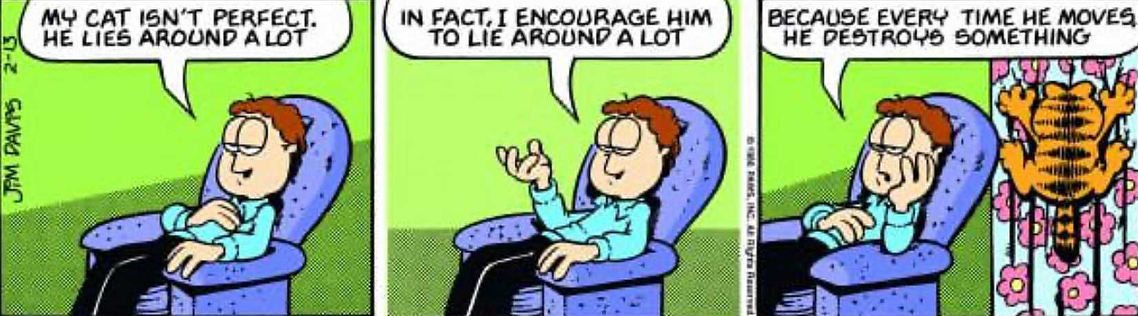 Garfield, February 13, 1986, Jon explains why he prefers Garfield to be inactive