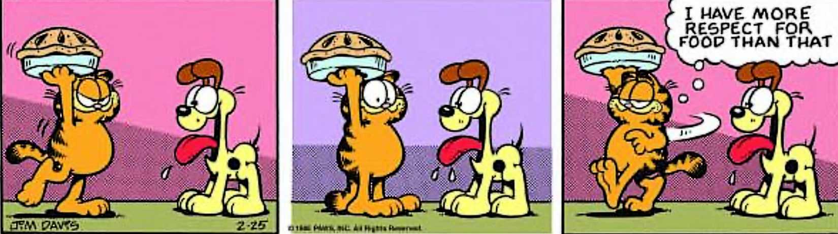 Garfield, February 25, 1986, Garfield respects food too much to pie Odie