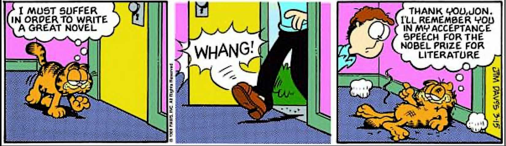 Garfield, March 15, 1986, Jon whacks Garfield with a door as he day dreams about writing a novel