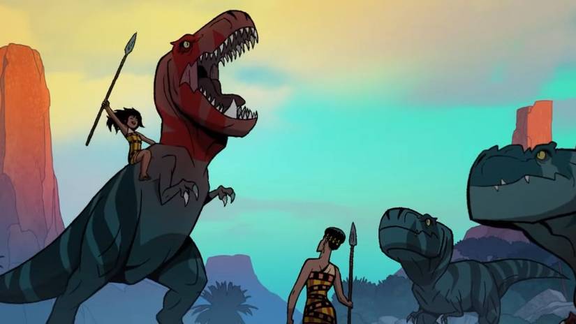 Mira watching her daughter on a T. Rex at the end of Primal season 2.