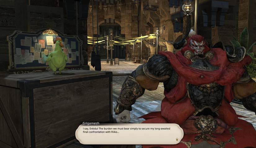 Gilgamesh in final fantasy 14 talking to his painted green rooster enkidu