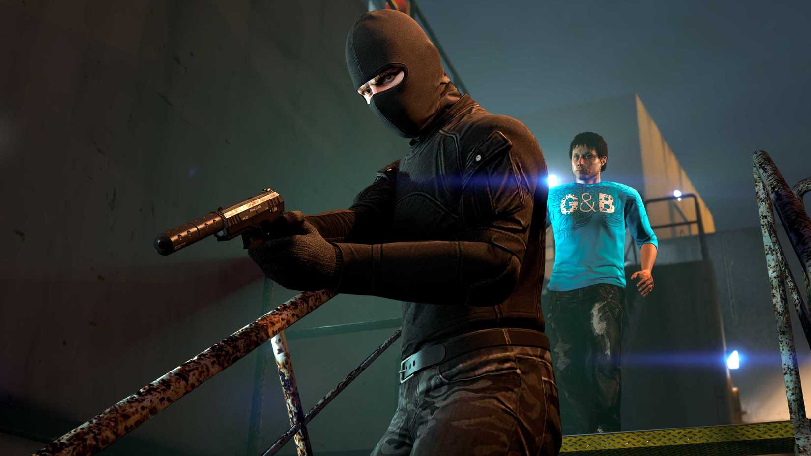 GTA Online character with a ski mask and suppressed pistol
