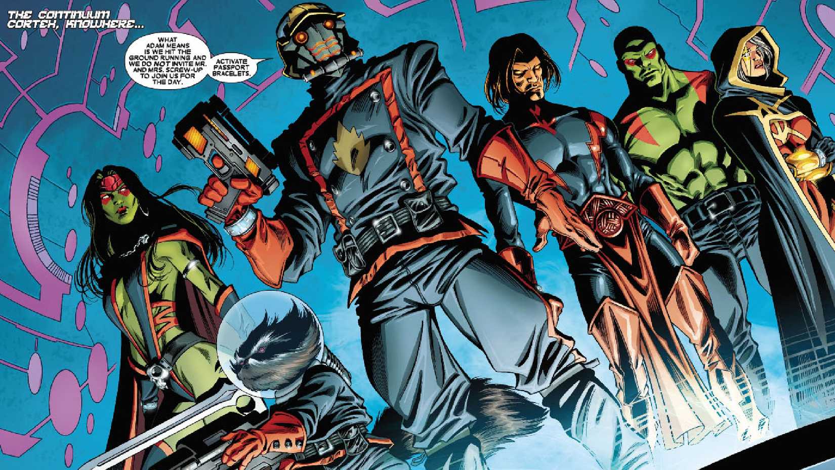 guardians of the galaxy teleporting away, led by star-lord and rocket raccoon