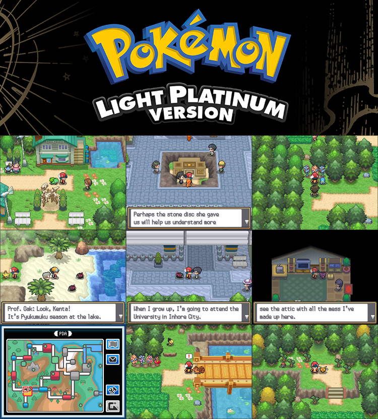 Image shows screenshots from the Pokemon Light Platinum ROM hack