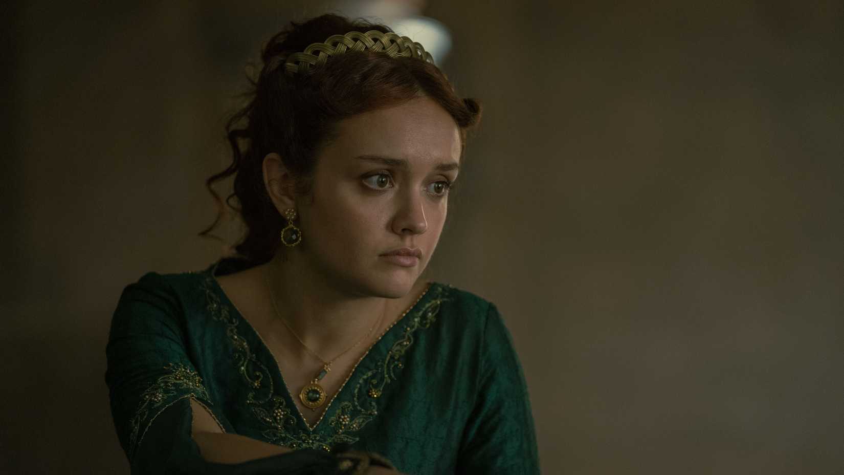 Alicent Hightower (Olivia Cooke) looking at something in House of the Dragon.