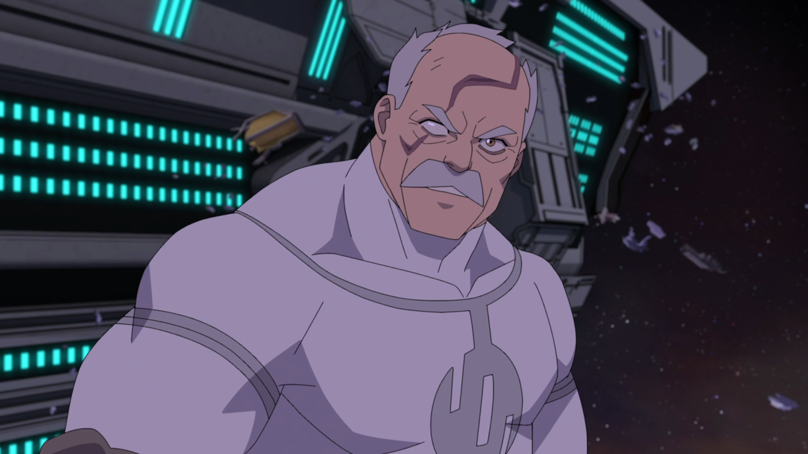 Conquest olhando para Mark e Bolan no espaço com um navio atrás deles em Invincible temporada 4