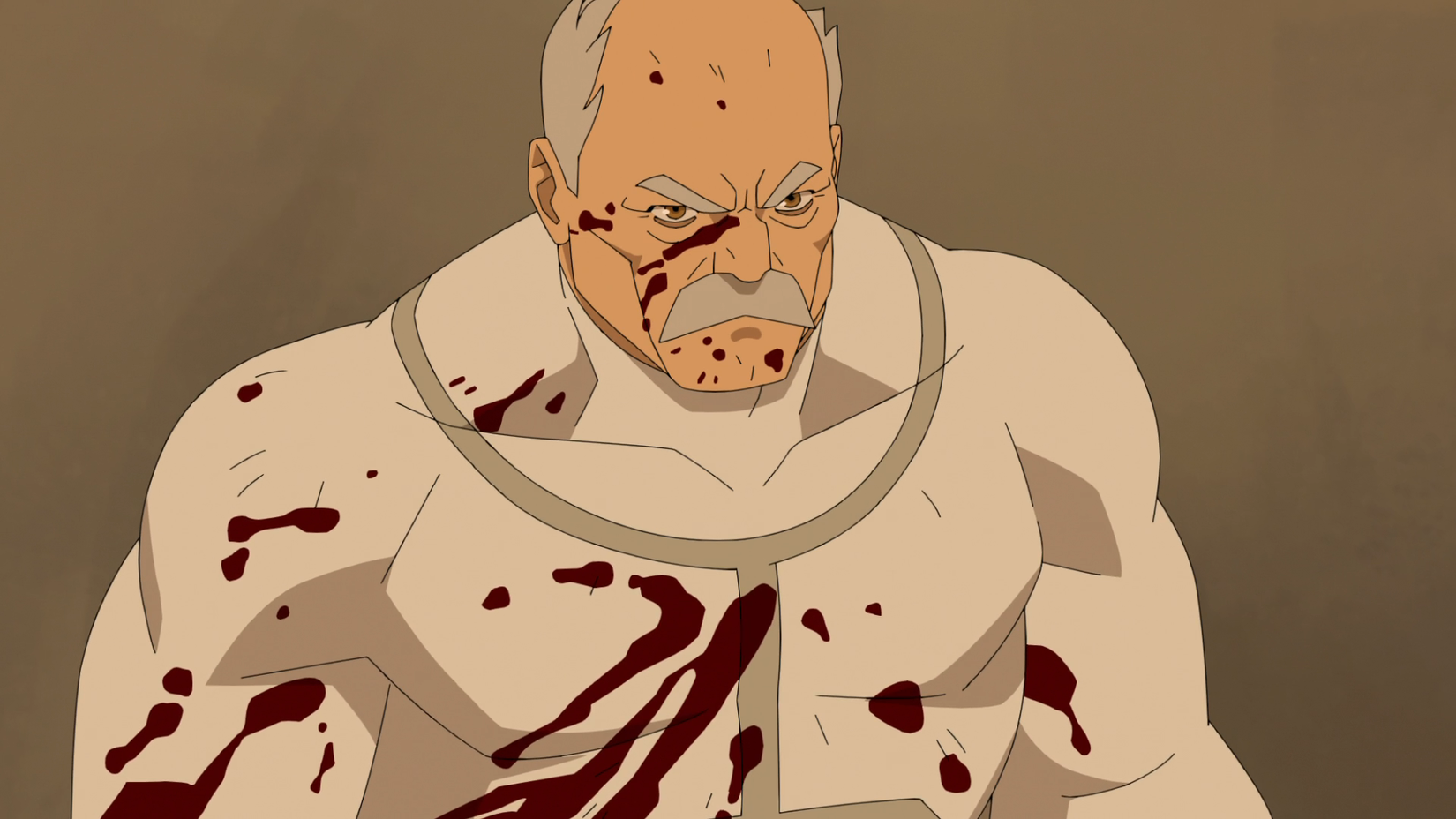 Conquest covered in blood looking confrontational in Invincible season 4