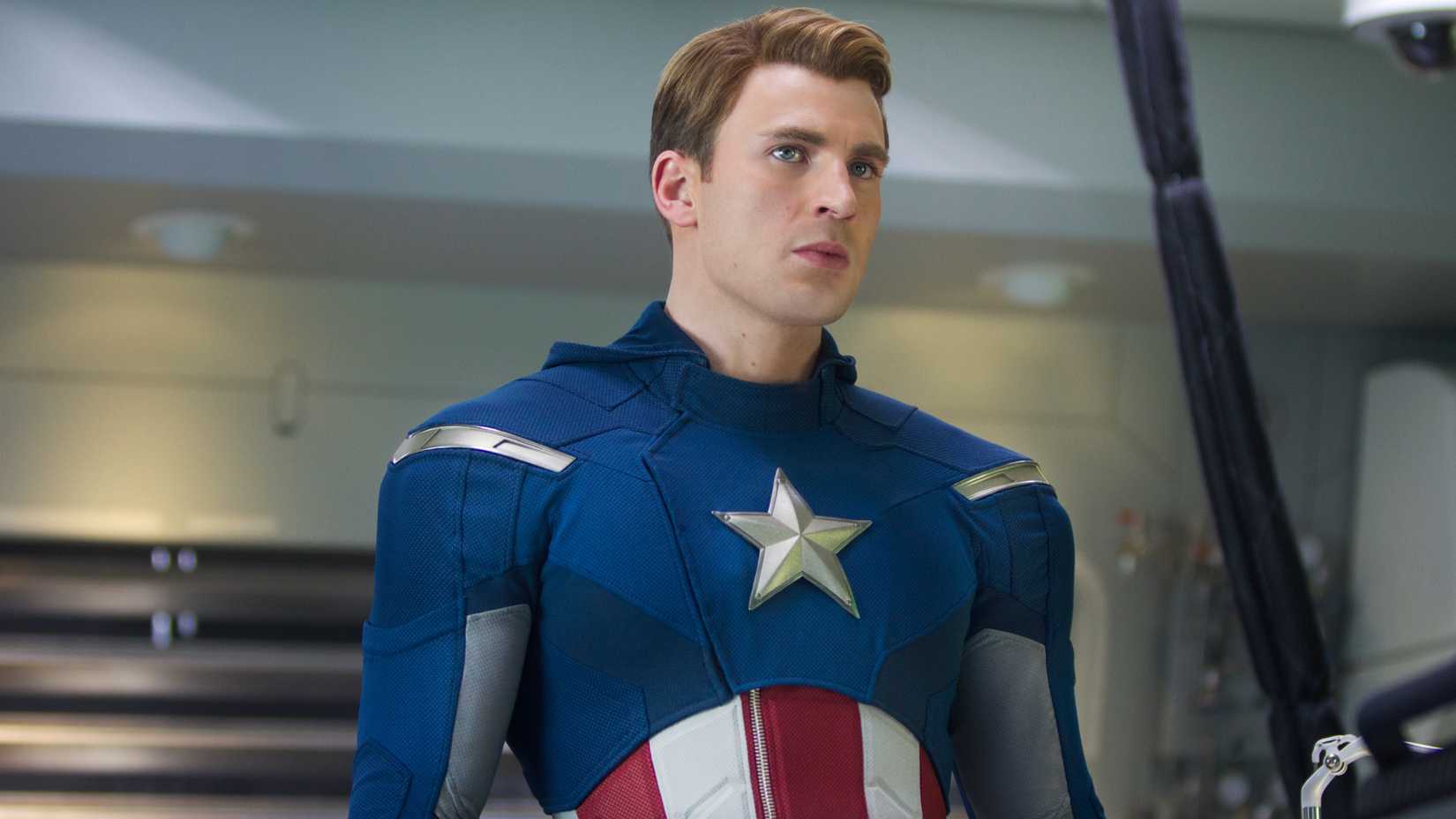 Chris Evans as Steve Rogers in The Avengers, suited up as Captain America