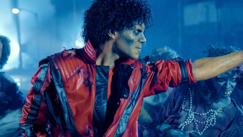 Jaafar Jackson as Michael Jackson performing in the Thriller music video in Michael 2026