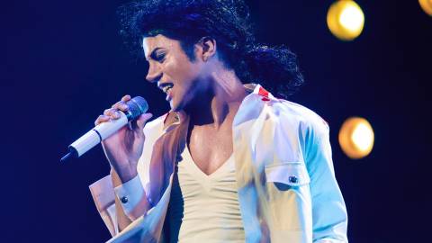 Jaafar Jackson as Michael Jackson performing onstage in Michael 2026
