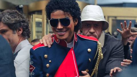 Jaafar Jackson as Michael Jackson walking through a crowd in Michael 2026