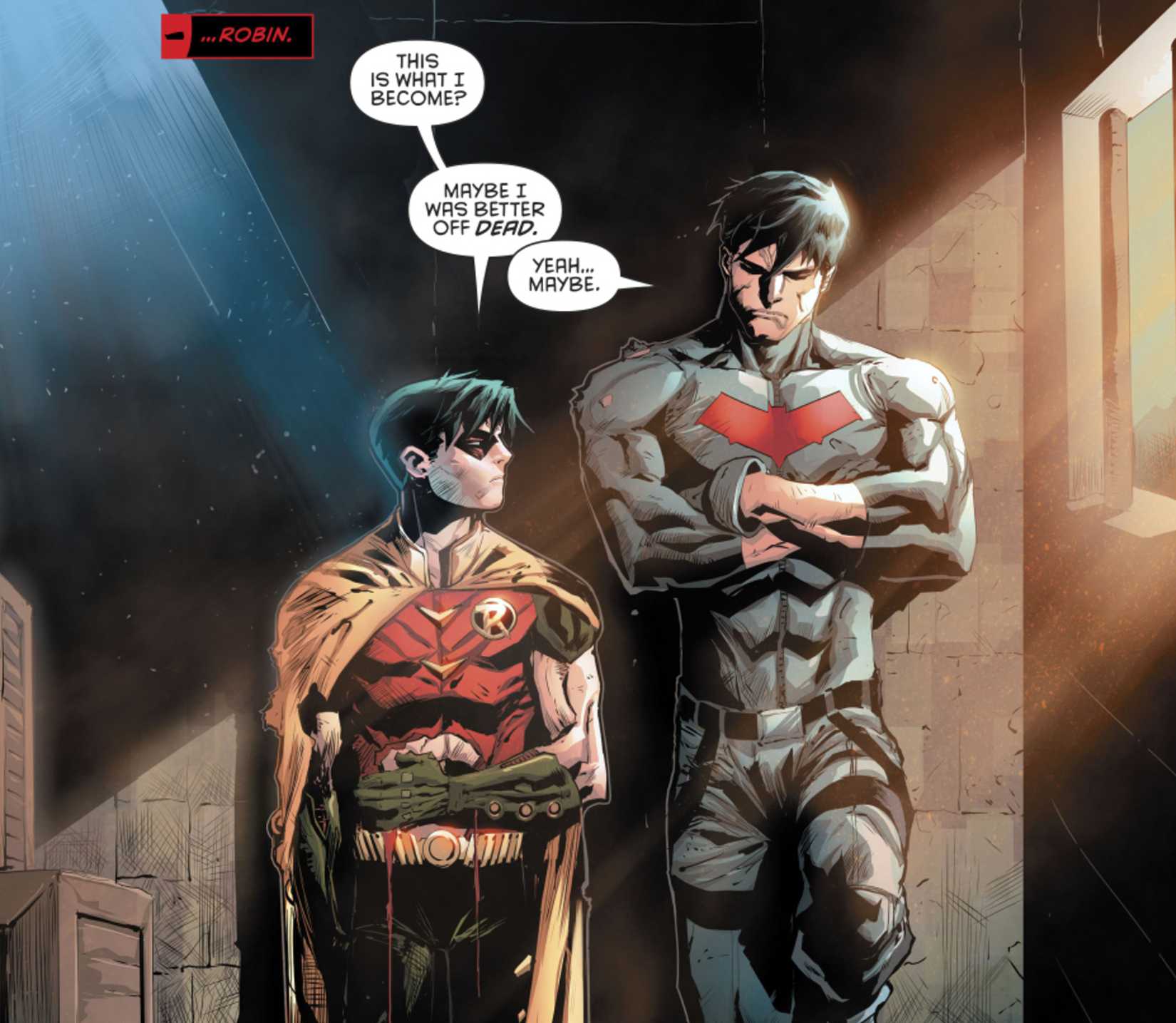 jason todd's red hood confronts his younger robin self in batman comics