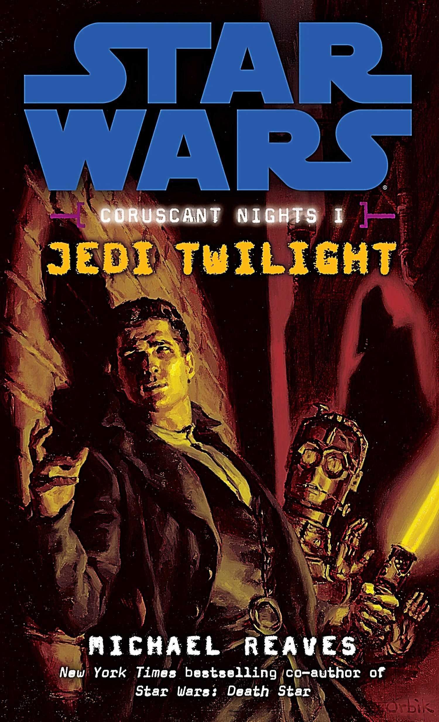 Jedi Twilight #1 cover, a man with a lightsaber and a protocol droid being hunted by Darth Vader