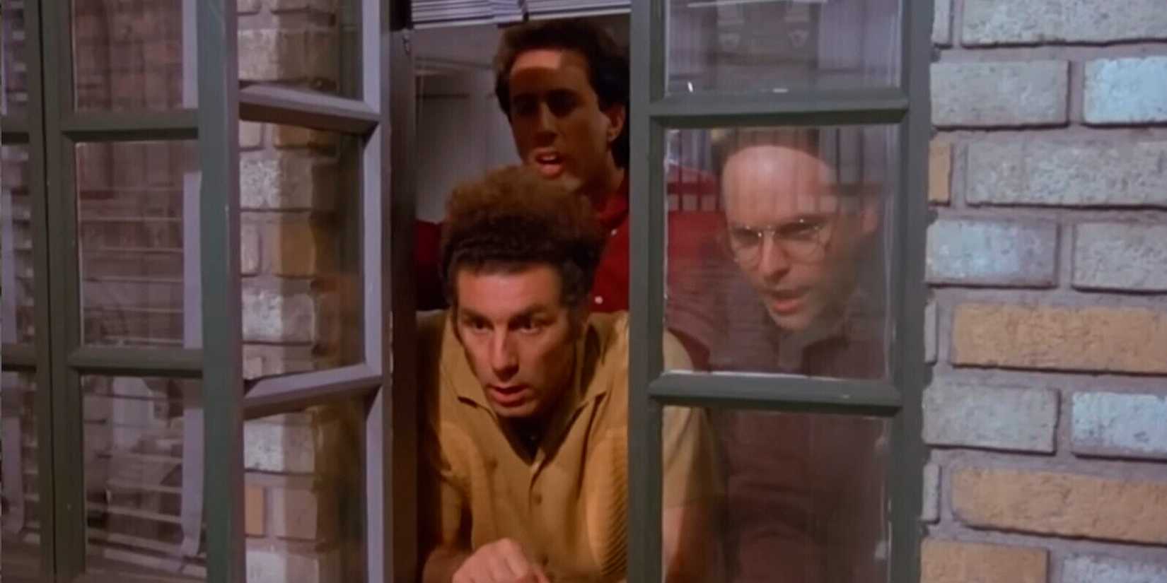 jerry george and kramer look out the window in seinfeld