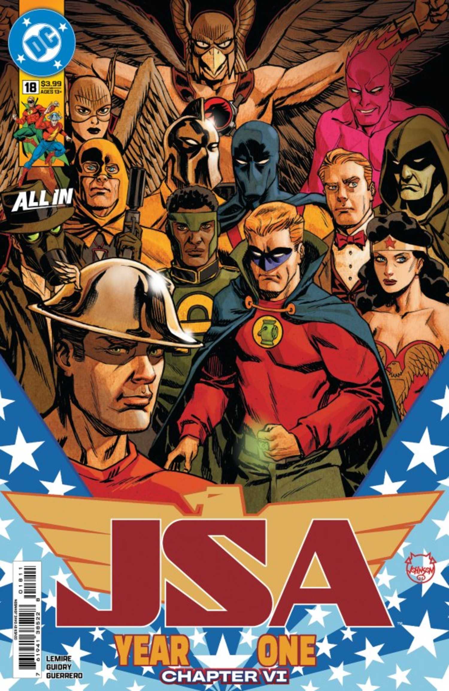 JSA #18 cover, the assembled team of OG DC heroes