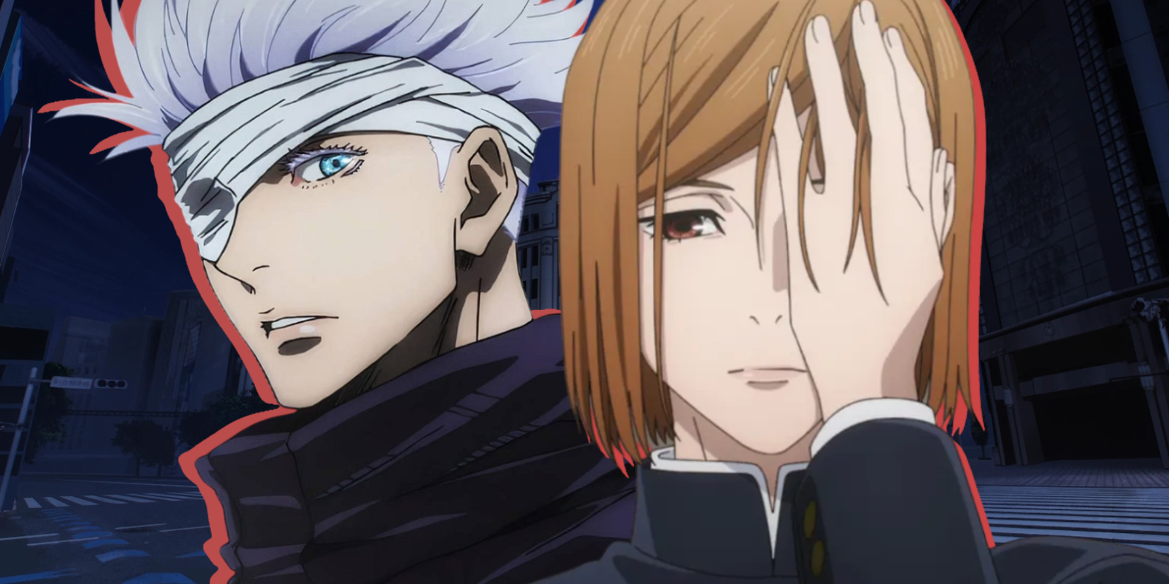 Gojo et Nobara de Jujutsu Kaisen devant un fond de Shibuya – JJK Anime Featured Image