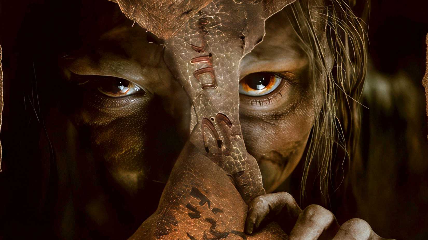 Katie staring out from behind parchment on the Dolby poster for Lee Cronin's The Mummy