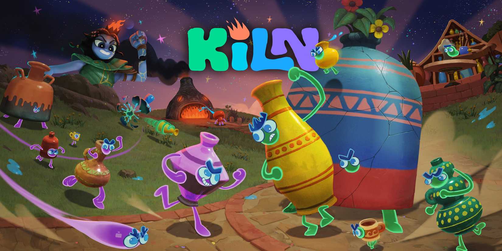 Kiln key art and logo with the game's name over ceramic pottery characters fighting.