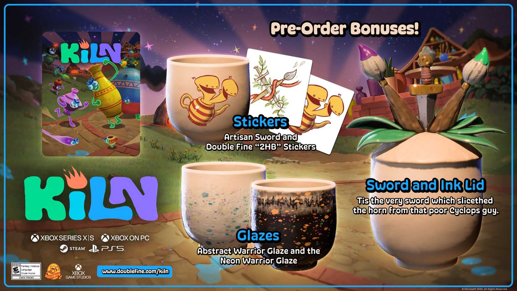 Infographic showing the pre-order bonuses for Kiln.
