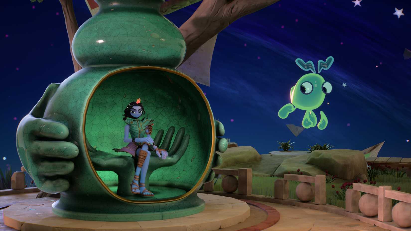 Kiln screenshot showing a blue humanoid character sitting on a throne made of ceramic hands inside a pot.