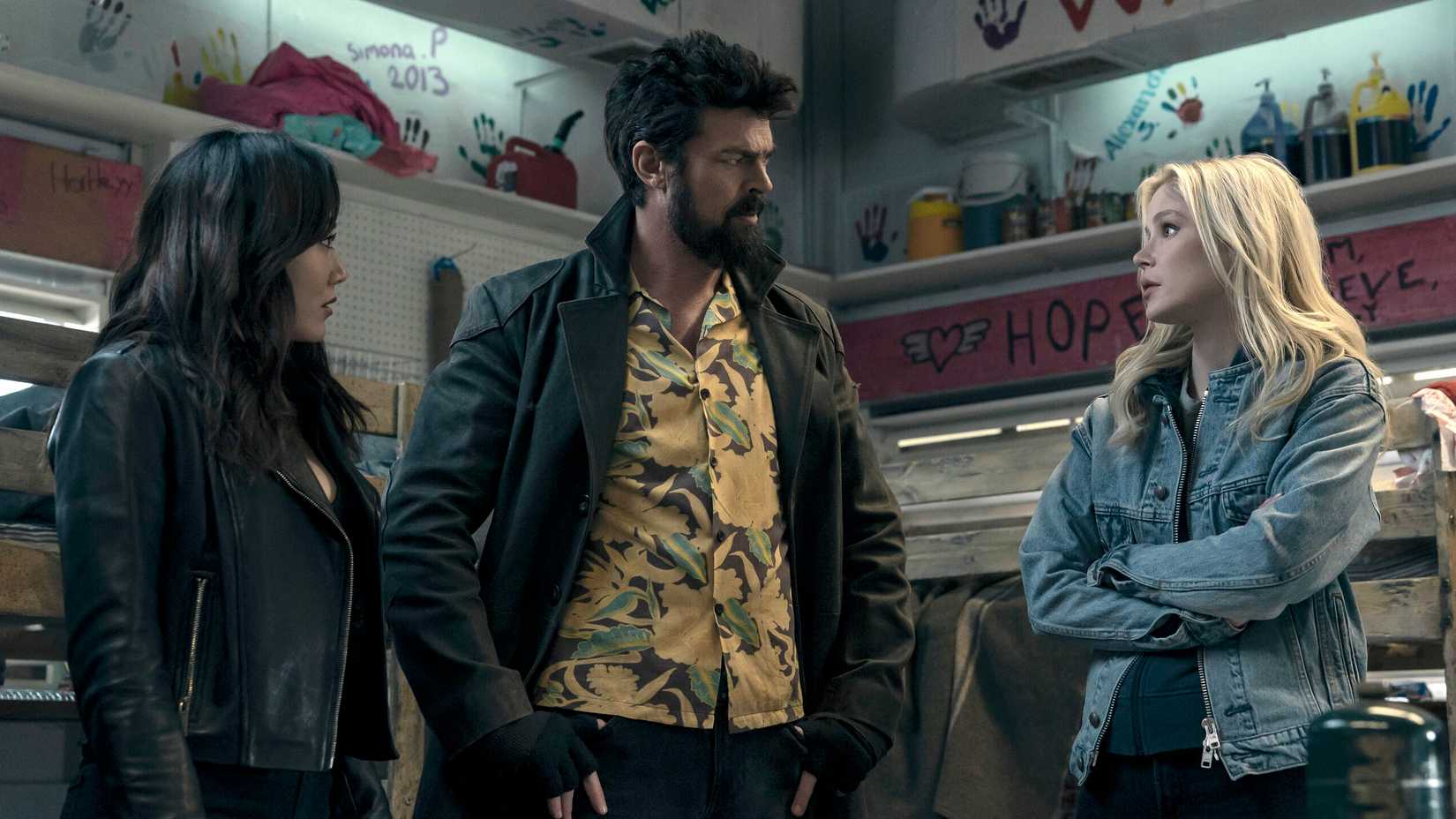 Kimiko (Karen Fukuhara), Butcher (Karl Urban), and Starlight (Erin Moriarty) having a conversation in The Boys season 5