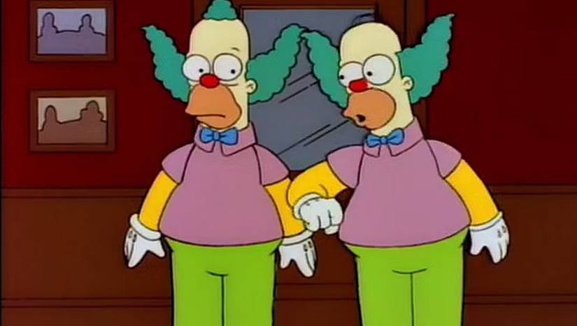 Krusty e Homer Simpson com maquiagem de Krusty de Homie the Clown