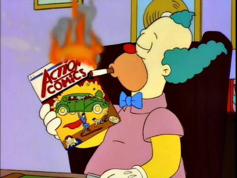 Krusty the Clown lighting a cigar with a burning Action Comics #1