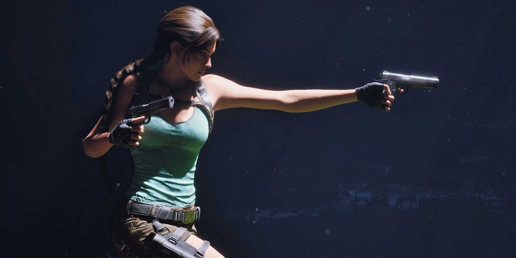 Lara Croft pointing a gun in Tomb Raider Legacy of Atlantis