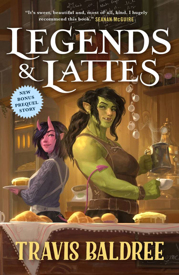 The US cover for Legends & Lattes by Travis Baldree, featuring a green-skinned orc and a pink-skinned succubus making coffee