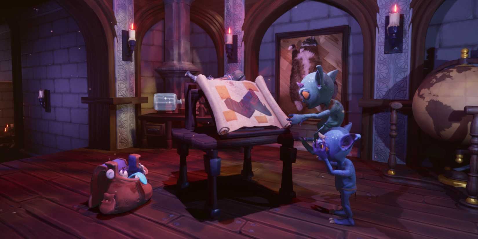 A goblin on another's shoulders observing a map during a heist in Looters.