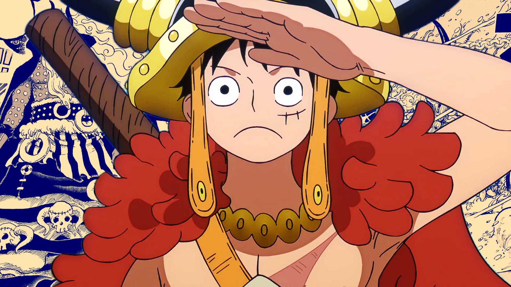Luffy as seen on Elbaph in One Piece's anime with manga panels from one piece in the background