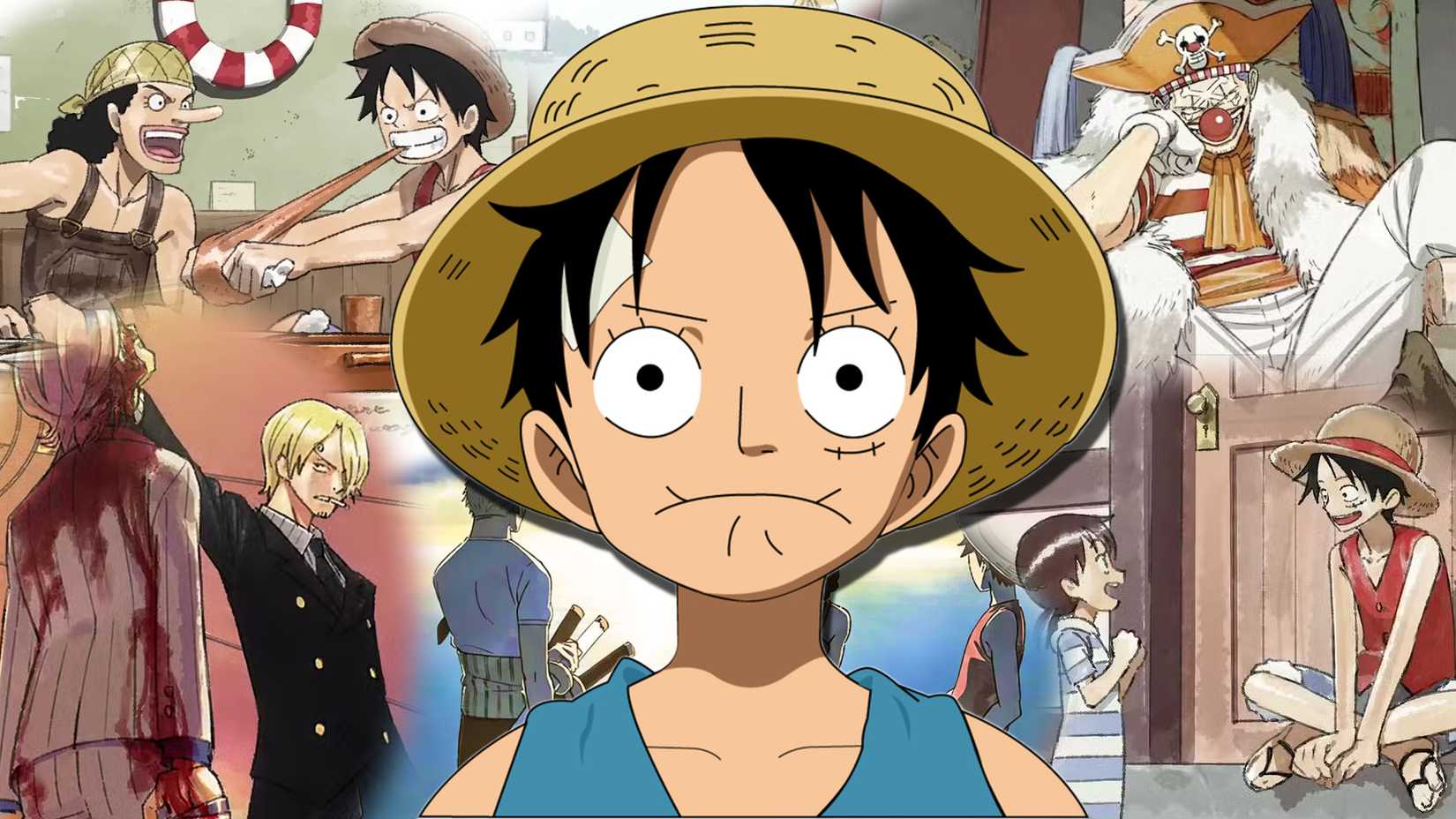 Luffy from One Piece with concept art from the remake in the background