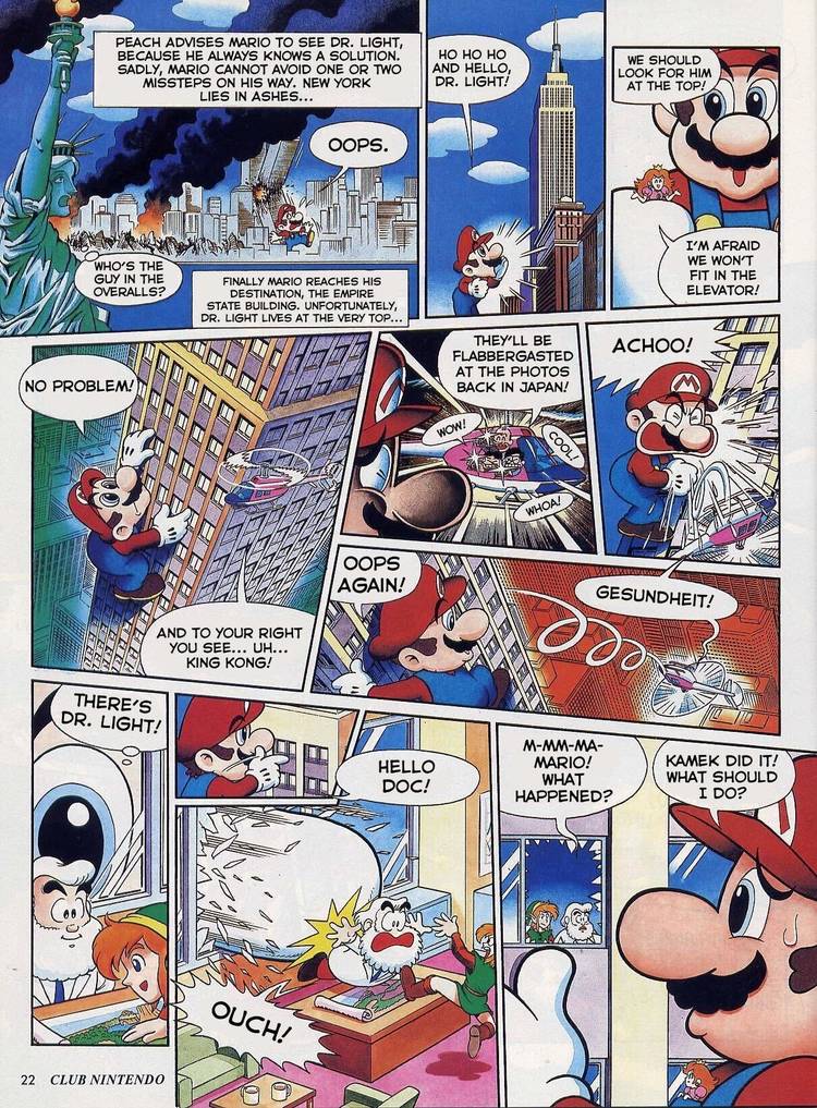 A giant Mario rampages through New York, knocking down the World Trade Center, in the 1996 comic Mario in Mariozilla