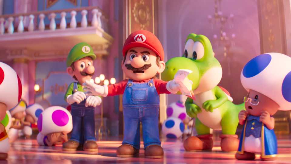 Mario is trying to calm the Toads in Super Mario Galaxy Movie