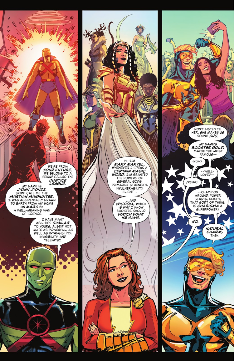 Martian Manhunter, Mary Marvel, and Booster Gold introduce themselves to Superboy in Action Comics #1097
