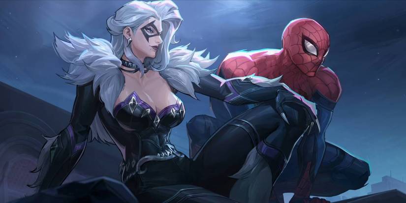 Marvel Rivals Black Cat and Spider-Man hanging out on a rooftop