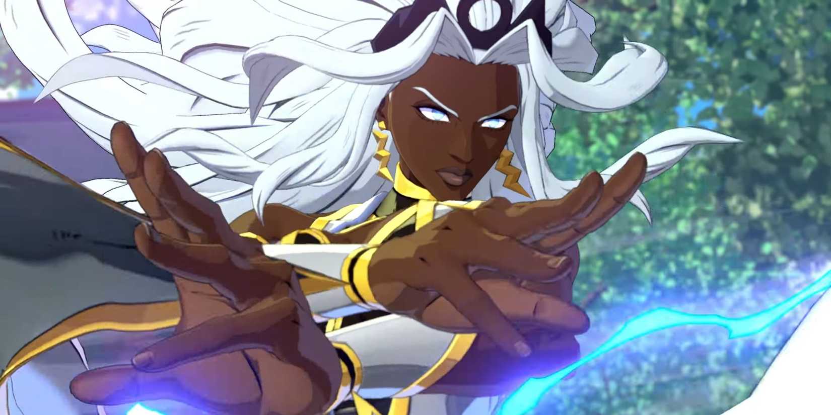 Storm from Marvel Tokon gestures, conjuring a storm.