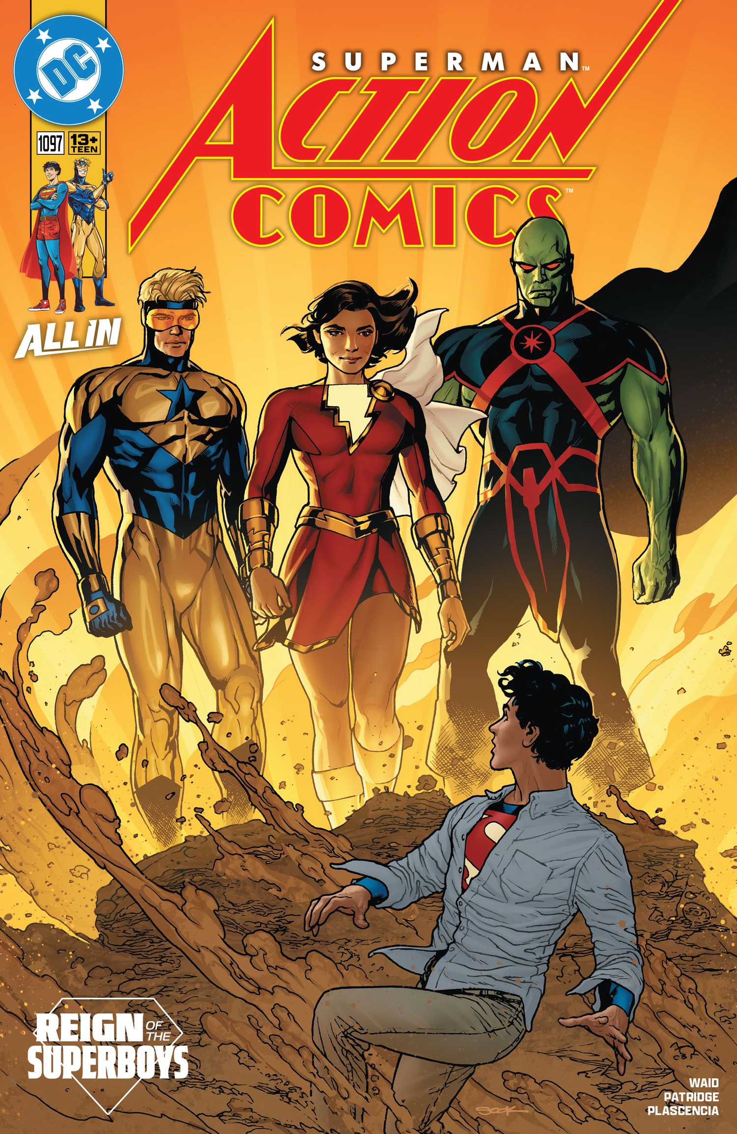 Mary Marvel, Booster Gold, and Martian Manhunter stand above Superboy in Action Comics 1097