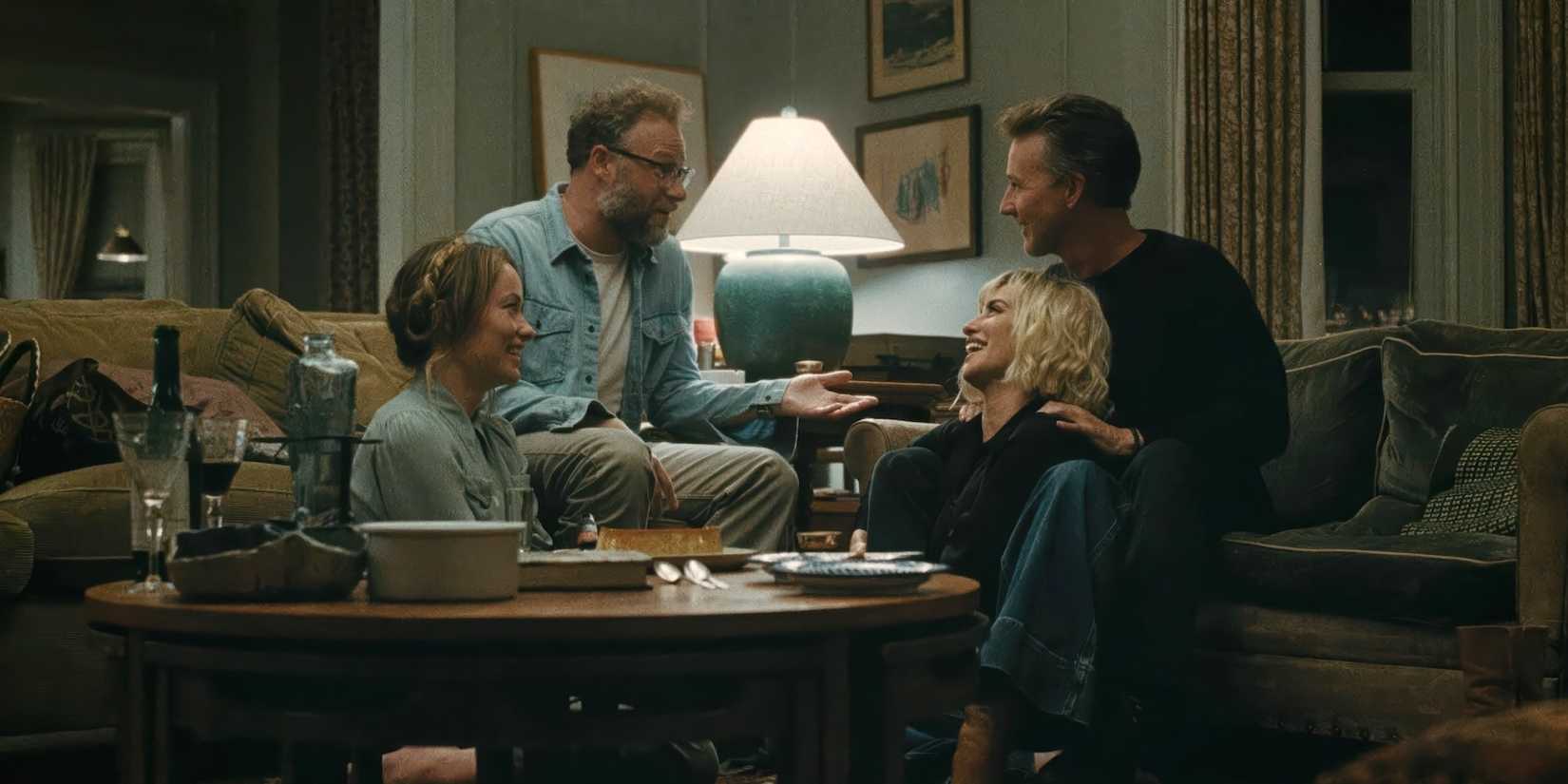 Olivia Wilde, Seth Rogen, Penolepe Cruz, and Edward Norton talking on couches in The Invite.